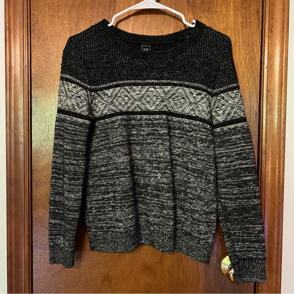 GAP Med Marled Mixed Pattern Wool Blend Sweater Lightweight Crewneck  Black Gray